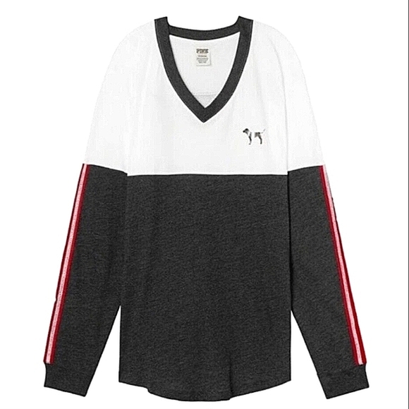 PINK VICTORIA'S SECRET LONG SLEEVE BLING DOG RHINESTONE SLEEVES CAMPUS TEE - Picture 2 of 7